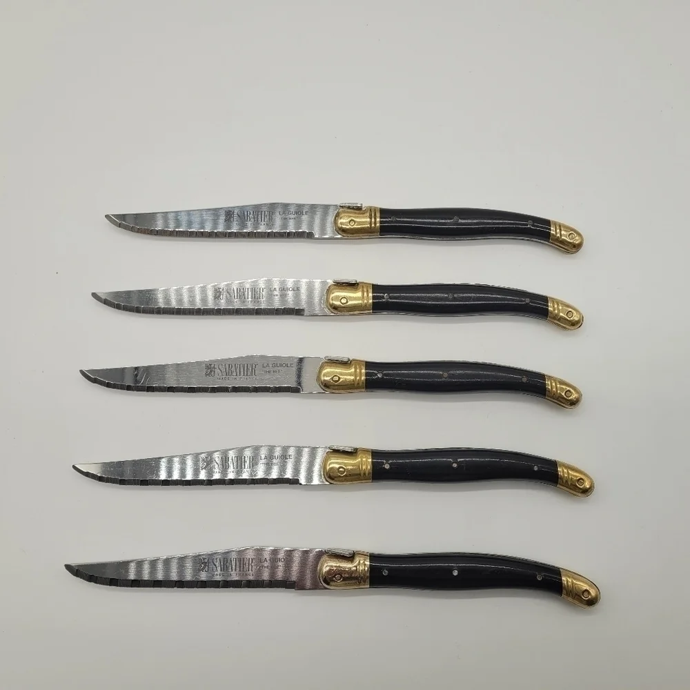 La Guiole Sabatier The Bee Black GOLD Serrated Steak Knives Set Of 5 - Vintage‌
